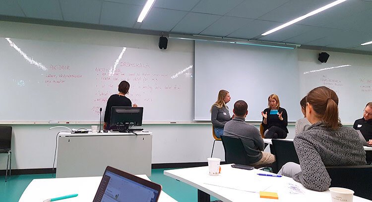 researchers during workshop, some seated, some at the whiteboard